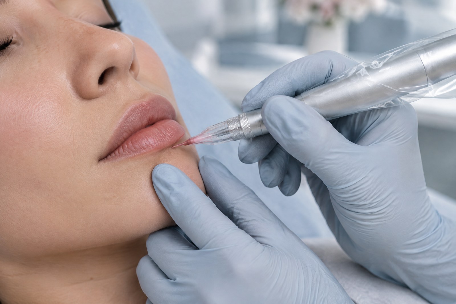 Close-up illustration of a lip blush procedure using a permanent makeup pen and gloved hands