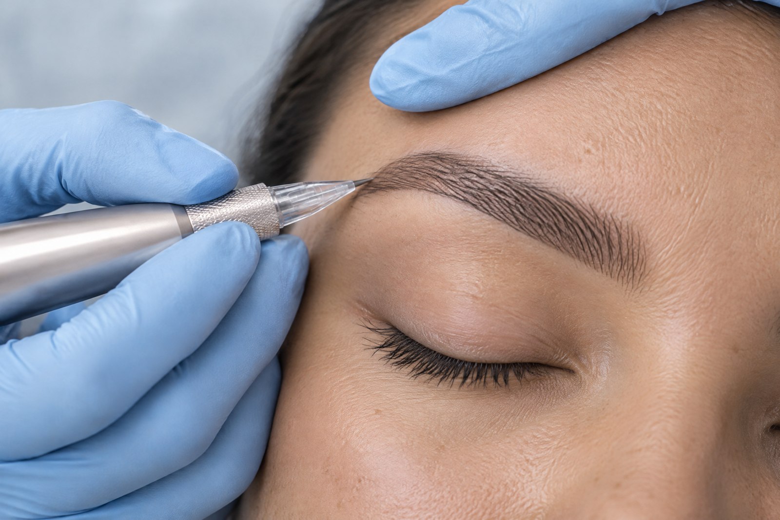 Close-up of powder eyebrow shading with a silver permanent makeup pen and blue-gloved hands, showing natural brow hairs over soft brown pigment